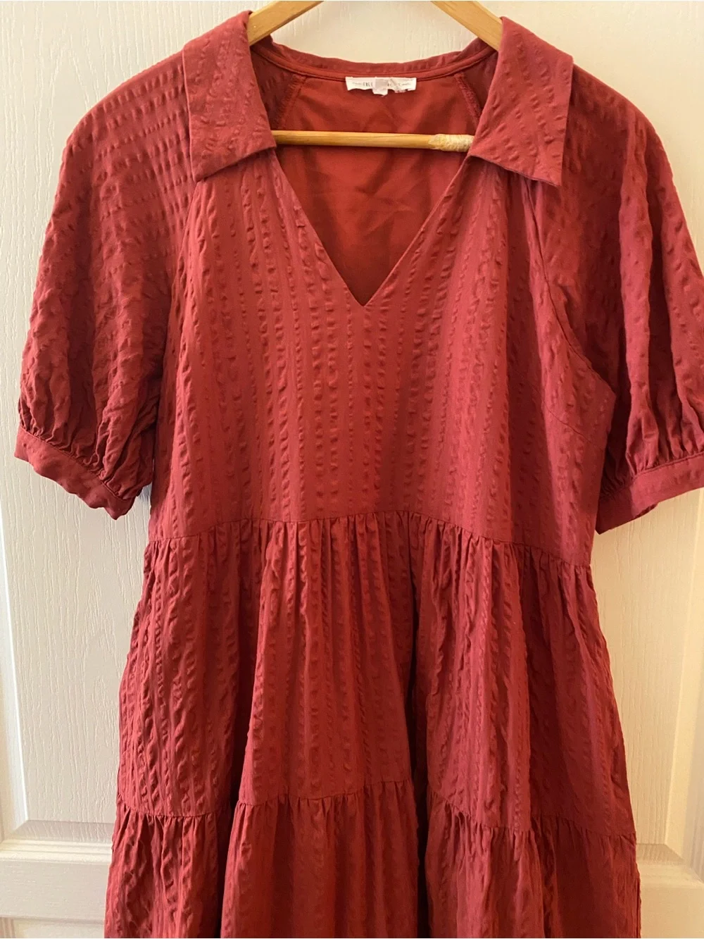 FREE THE ROSES Stripe Texture Tiered Collared Midi Dress in Red - S - Picture 6 of 16